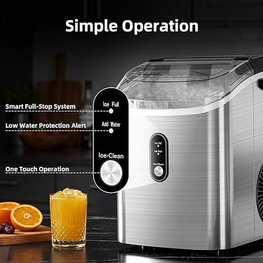 Antarctic Star Nugget Ice Maker Countertop, 35lbs/24H Ice Machine, Soft Chewable Sonic Ice, Self-Cleaning, Fast Ice Ready in 8 Minutes, Compact Design with Handle, Stainless Steel Silver