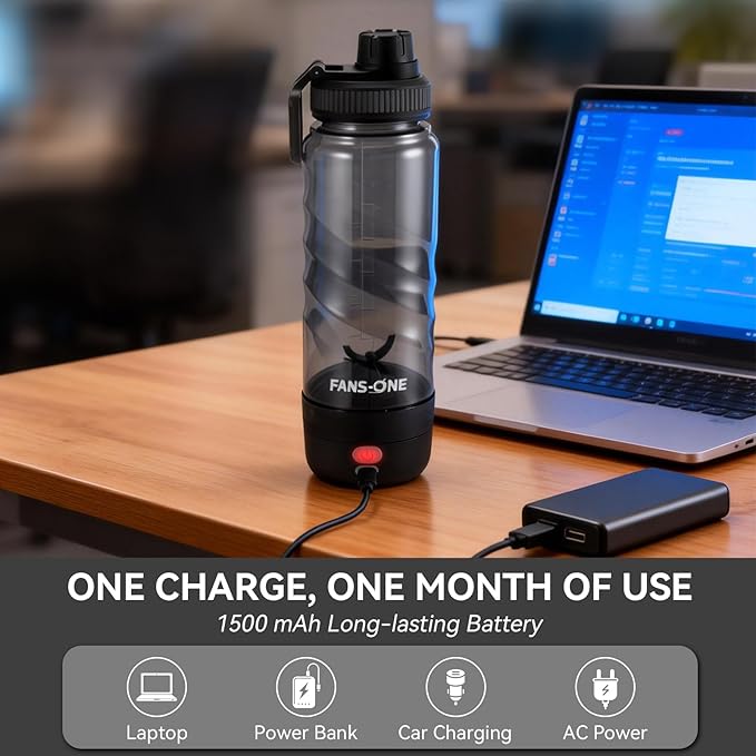 FANS-ONE Electric Protein Shaker Bottle, 24 oz USB C Rechargeable Electric Mixer, Shaker Cups for Protein Shakes and Meal Replacements, Portable Blender Self Mixing Cup for Gym Workout, Black