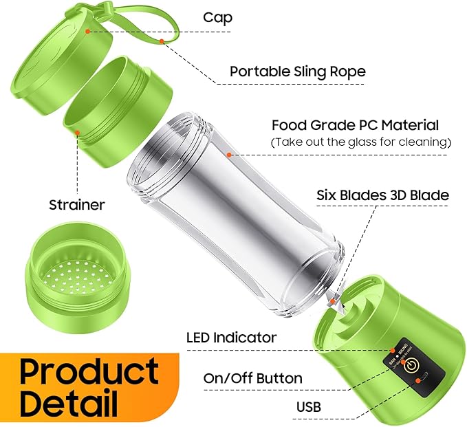 Cordless Personal Size Portable Blender - 12 Oz Blender for Smoothies and Shakes with BPA Free Traveling Juice Cup, 6 Blades for Powerful Blending, Suit for Sports/Travel/Home