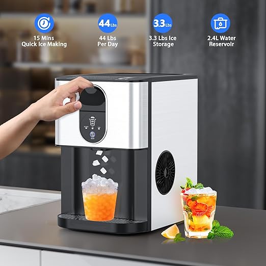 Kndko Nugget Ice Makers Countertop, 44lbs/24H Pebble Ice Machine with Self-Cleaning Dispenser, Soft Chewable Pellet Ice, 3.3lbs Storage for Home/Kitchen/Office/Party, Silver