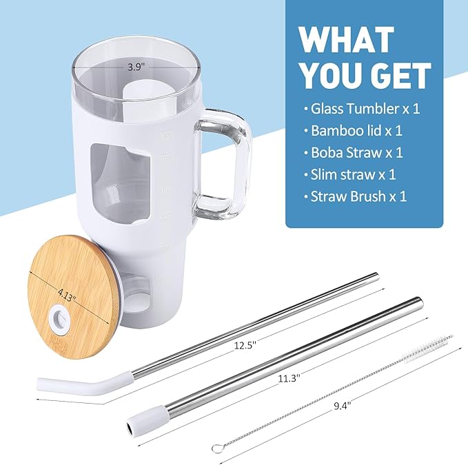 WINSA Glass Tumbler with Straw and Lid, 40 oz glass cup with handle, Glass Water Bottles with Time Marker, Silicone Protective Sleeve-White