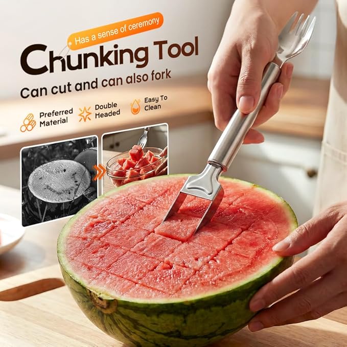 Watermelon Slicer, 2-in-1 Stainless Steel Fruit Cutter and fork,Summer Watermelon Cutter Slicer Tool, Portable Kitchen Gadget for Home Camping Picnics Parties (3)