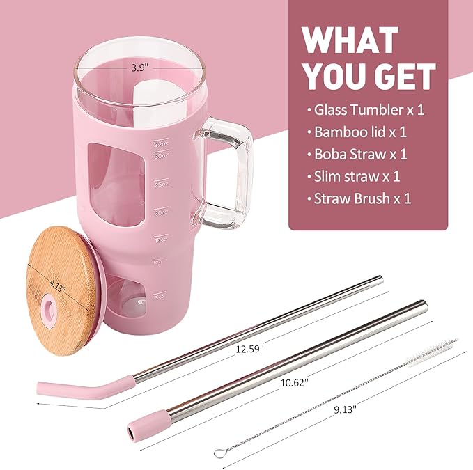 WINSA Glass Tumbler with Straw and Lid, 32 oz Glass Cup with Handle, Glass Water Bottles with Time Marker, 2 Straws - Pearl Straw & Drinking Straw Silicone Protective Sleeve-Pink
