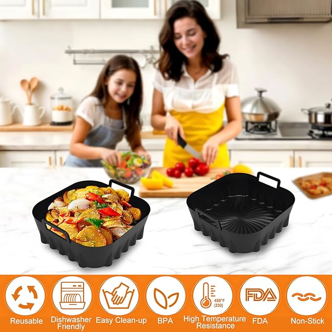 2 Pack Silicone Air Fryer Liners,7.8 Inch Reusable Air Fryer Basket for 4-7 QT Air Fryers,with Handles,Non-Stick,Food Grade Silicone Tray,Replacement for Parchment Paper – Oven Microwave Safe
