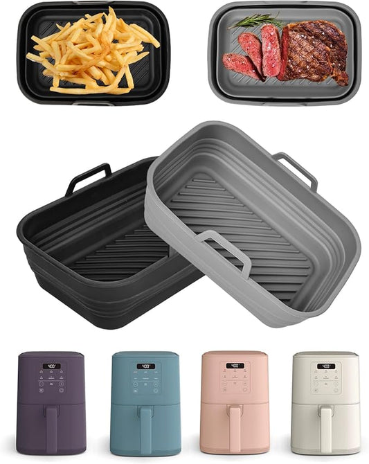 Air Fryer Silicone Liners Collapsible 2-Pack for bella 4Qt(3.3lb) Slim Air Fryer, Reusable Airfryer Silicone Pot Baking Basket Insert Accessories, Non Stick, Easy Cleaning, Gray+Black