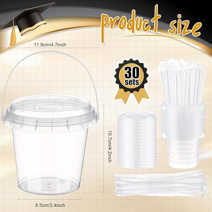 Funnymoom 30 Set 2026 Graduation Clear Plastic Cups with Lids & Straws 24oz Disposable Rum Drink Buckets Bulk for Cocktail Parties with Handles & Stickers for Graduation Beach Pool Party Supplies