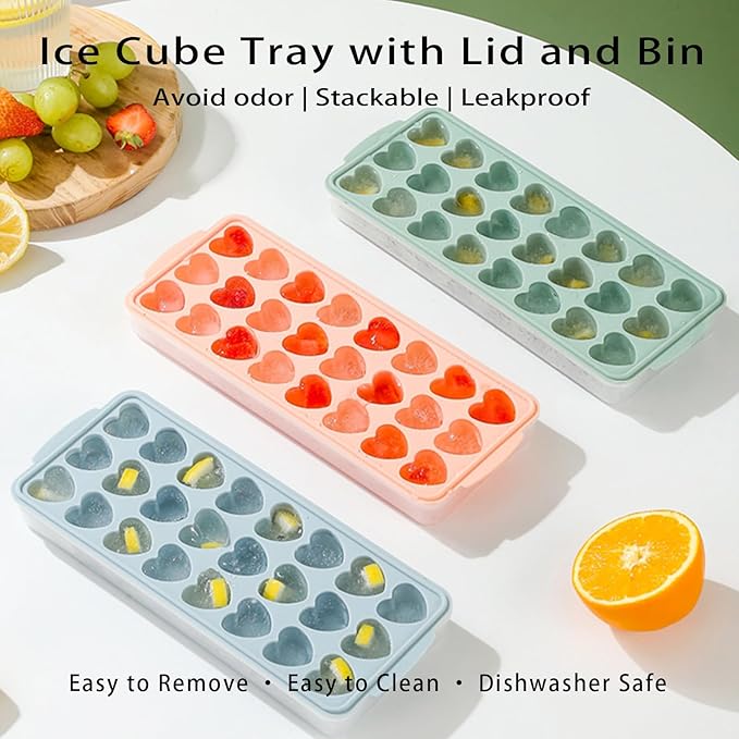 2 Pack Heart-Shaped Ice Cube Trays with lid and bin - 48 Holes Silicone Mini Heart Ice Cube Tray, BPA Free and Dishwasher Safe, Heart Shape Ice Cube Mold, Easy to Remove (2 pink with Lids & Bins)