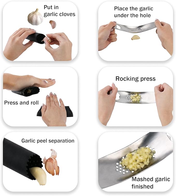 Garlic Press Rocker Stainless Steel, Manual Garlic Mincer Crusher with Silicone Peeler Set, Heavy Duty Ginger Smasher with Bottle Opener for Kitchen, Dishwasher Safe, Silver & Black