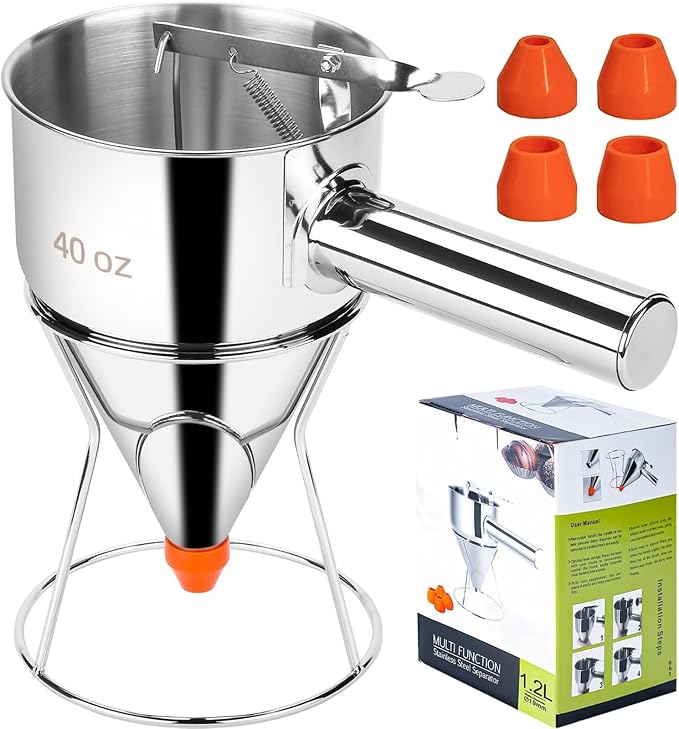 Stainless Steel Pancake Batter Dispenser with Squeeze Handle, Multi-Nozzle Funnel Cake Stand for Pancakes, Cupcakes, Takoyaki, Chocolate Balls, and Baked Goods, Multi-Caliber Design (1200 ml)