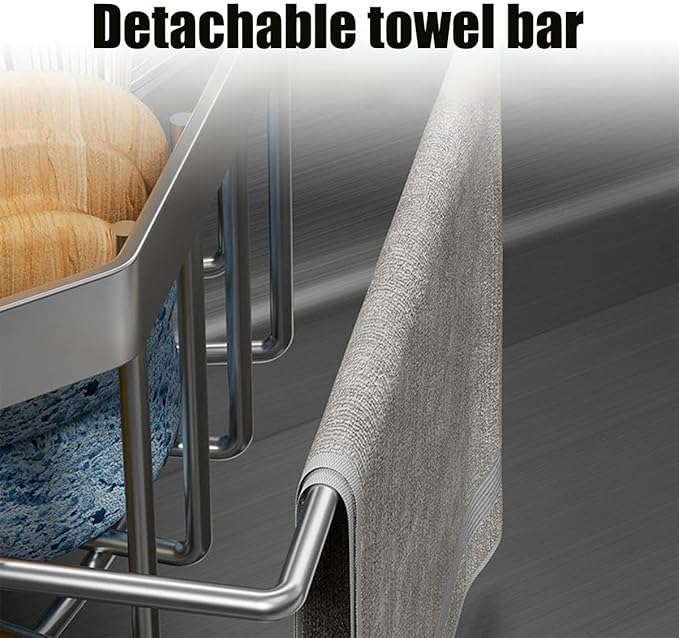 Corner Sink Organizer, Silver Stainless Steel Sponge Holder with Towel Bar, Self-Adhesive Kitchen Storage Rack