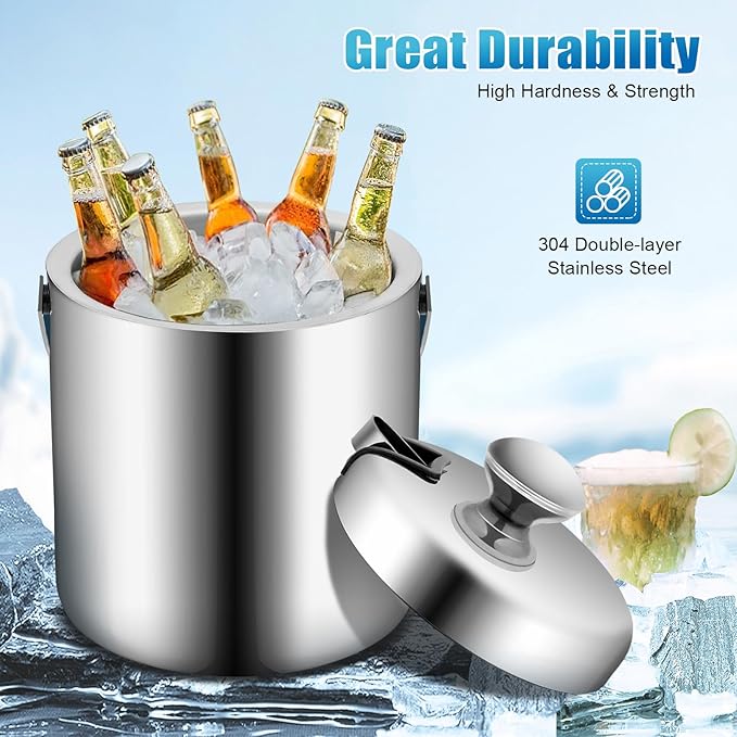 304 Stainless Steel Double Wall Ice Bucket Set 1.3L with Tongs & Strainer, Small Double Wall Ice Pail Chill Container, Insulated Portable Cooler for Wine, Champagne, Parties, Bars, Outdoor ﻿ ﻿