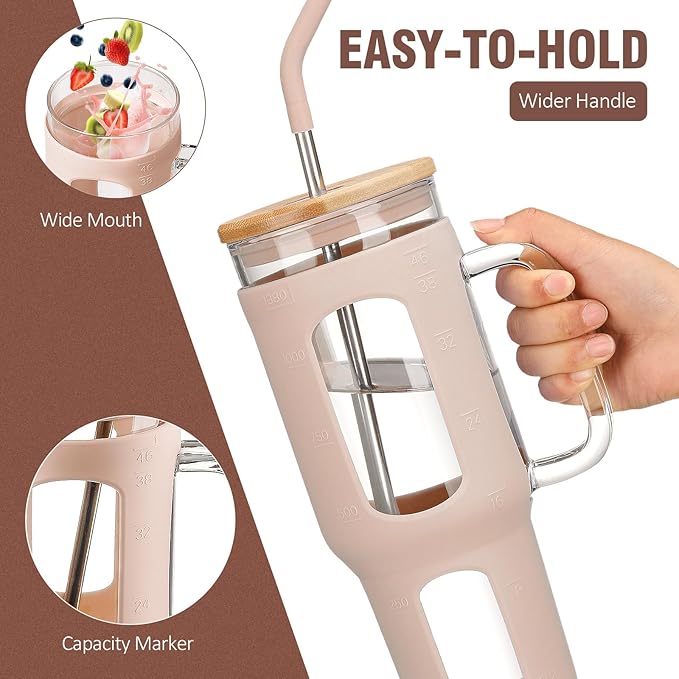WINSA Glass Tumbler with Lid and Straw, 46 oz Iced Coffee Cup with Handle, Large Water Bottles with Silicone Sleeve, Glass Cup with Straws - Pearl Straw & Drinking Straw BPA Free-Amber