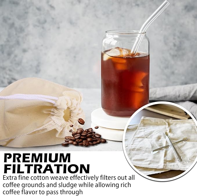 2 Pack Organic Cotton Cold Brew Coffee Filter Bags, Reusable with Drawstring, 12x12 Inch, for Pitchers, Mason Jars, Toddy Systems