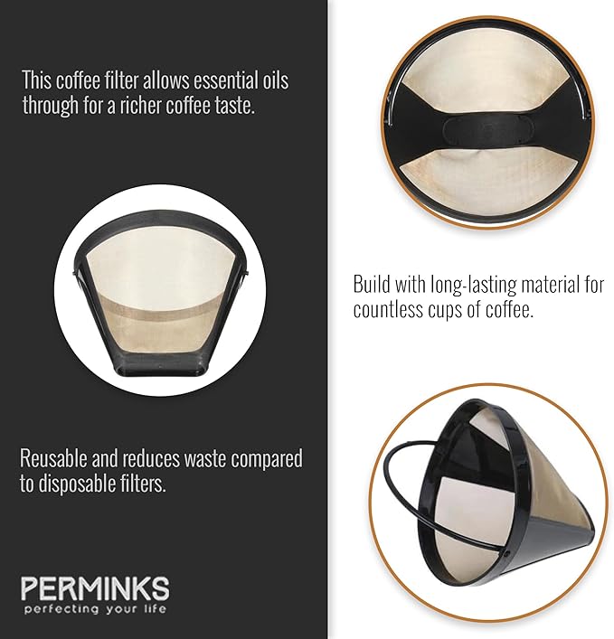 Reusable #4 Gold Tone Mesh Cone Coffee Filter Basket - Cuisinart Coffee Maker Filter Replacement for Ninja, Hamilton Beach, Breville, Moccamaster, Bonavita, Farberware, 2pcs