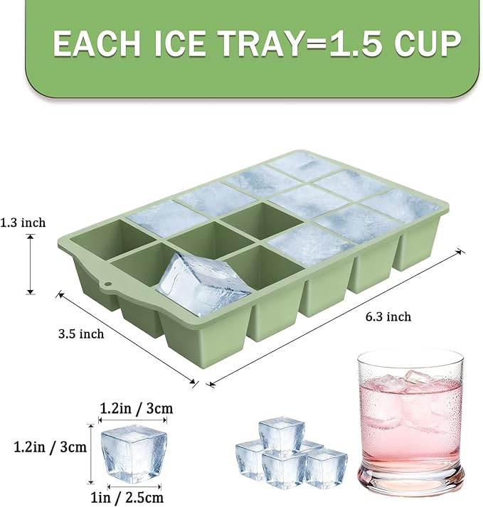 Ice Cube Trays for Freezer, 2 Pack Easy Release Slicone Ice Cube Tray with Lid, BPA Free Stackable Flexible Ice Molds 15 Square Reusable Ice Cubes for Whiskey, Baby Food, Iced Coffee (Green)