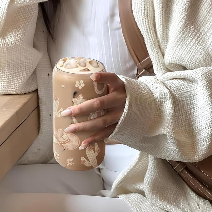 SANDJEST Western Cowgirl 16oz Can Glass Tumbler with Acrylic Lid & Straw, Iced Coffee Cup for Women, Aesthetic Cups Gifts for Birthday Christmas