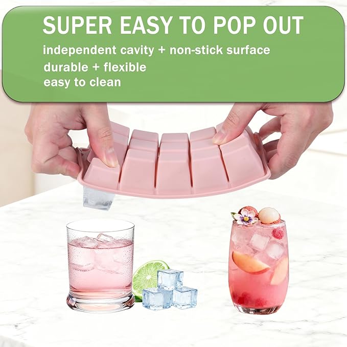 Ice Cube Trays for Freezer, 2 Pack Easy Release Slicone Ice Cube Tray with Lid, BPA Free Stackable Flexible Ice Molds 15 Square Reusable Ice Cubes for Whiskey, Baby Food, Iced Coffee (Pink)