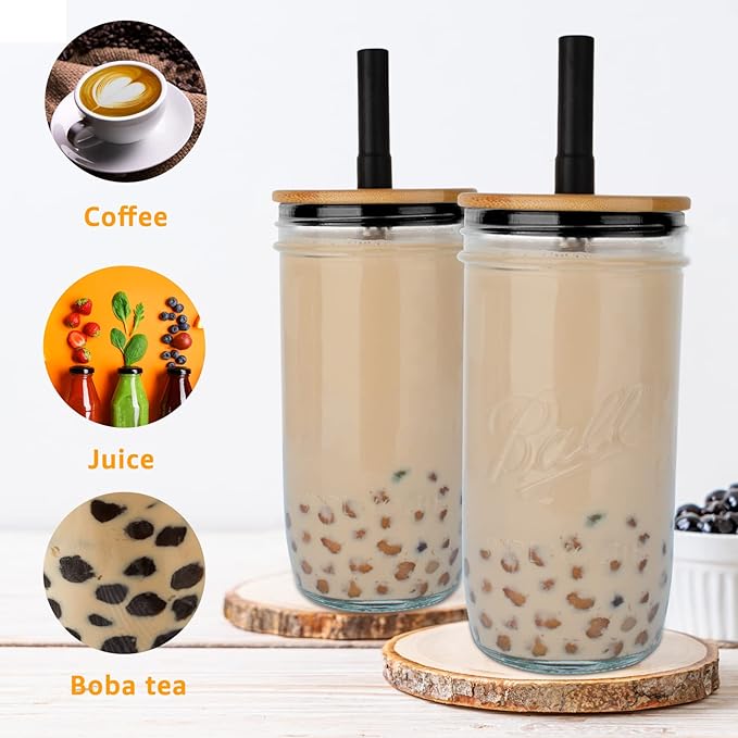 Glass Tumbler with Lids and Straws 2 Pack, 24oz Glass Drinking Jars with Lids and Straws,Reusable Wide Mouth Mason Jar Iced Coffee Cup,Smoothie Cup Coffee Travel Mug for Car/Home