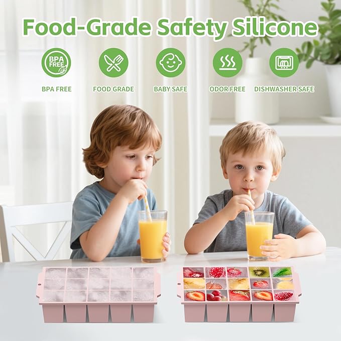 Silicone Ice Cube Tray with Locks Lids, Easy Release Flexible 15 Square Ice Trays for Freezer, Stackable & Reusable Ice Cube Mold for Whiskey, Cocktails, Baby Food, BPA Free, 2 Pack (Pink)