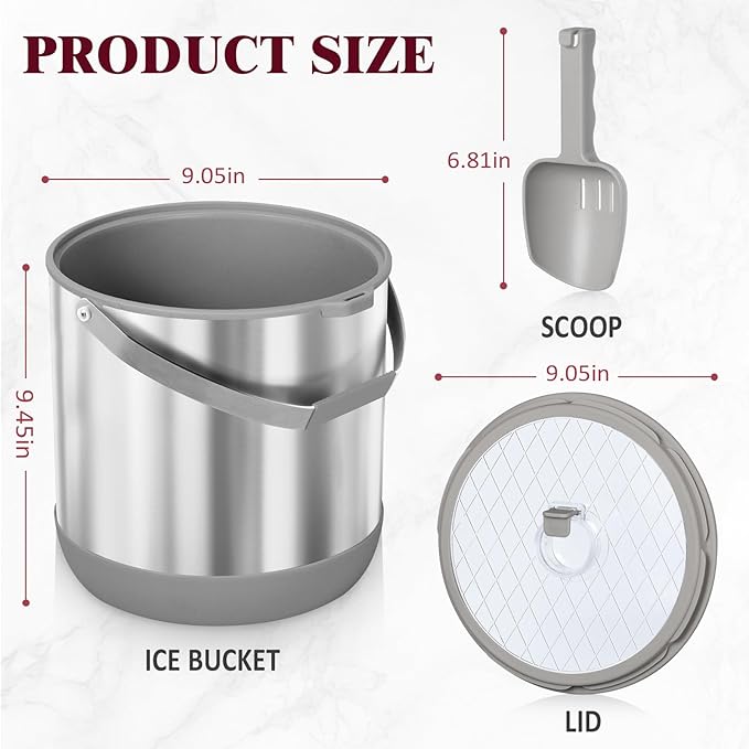 6.8L/7QT Insulated Ice Bucket with Lid & Scoop,Double-Wall Ice Bucket for Parties,Cocktail Bar(Grey)