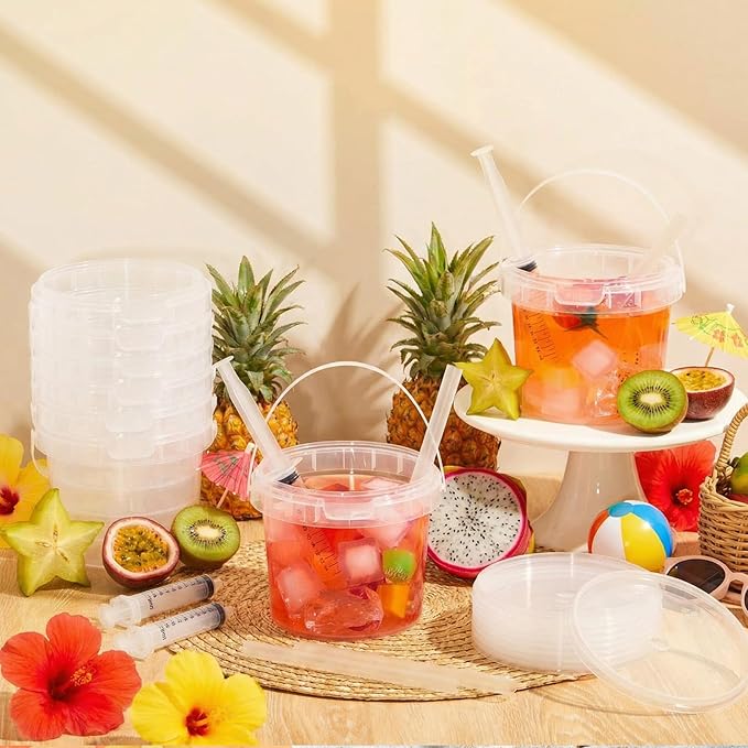 Willinglong 10 Set 25oz Clear Plastic Drink Buckets Rum Buckets for Drink with Straws, Lids and Beverage Syringes Reusable Iced Coffee Cups for Rum Wine Beer Cocktail Beverage Lemonades