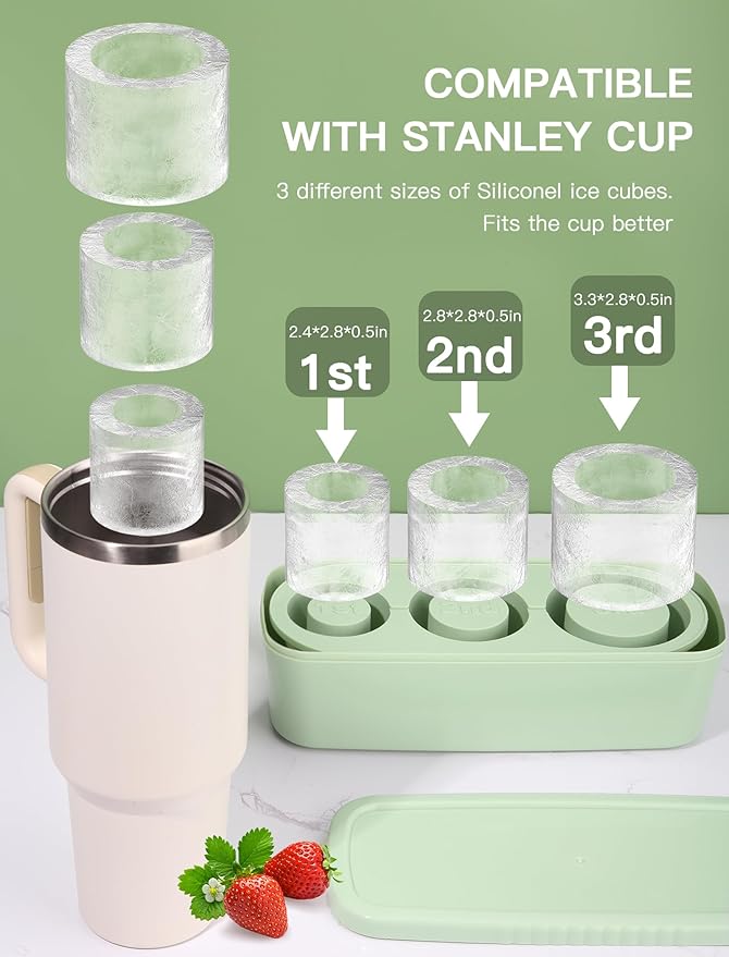 Ice Cube Tray for Tumbler Cup 30Oz-40Oz, 3 Pcs Silicone Cylinder Ice Mold with Lid and Bin for Freezer, Easy Fill and Release Ice Maker for Whiskey, Cocktail BPA-Free (Green, 30Oz-Type1)