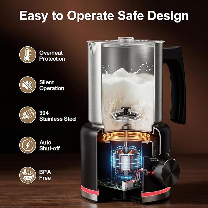 Milk Frother, 16.9 OZ Milk Frother and Steamer, 4 in 1 Electric Milk Frother Dishwasher Safe Durable Silent Frother for Coffee Hot and Cold Foam Maker (Black Stainless)