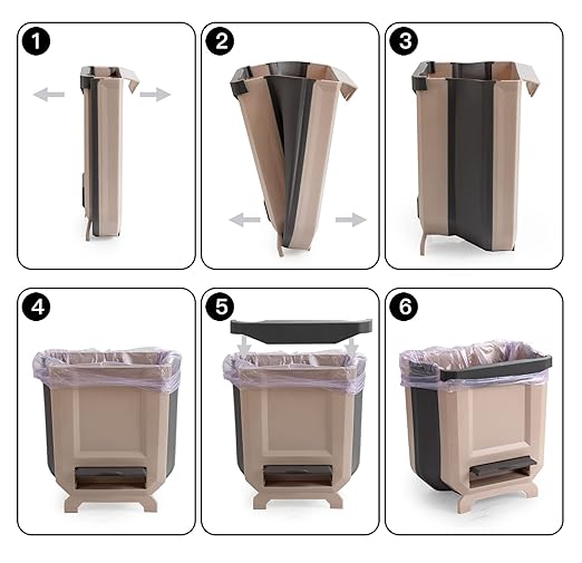 Hanging Kitchen Trash Can, Foldable Waste Bin for Kitchen, Collapsible Hang Small Plastic Garbage Can 2.4 Gallon for Cabinet/Car/Bedroom/Bathroom (Brown)