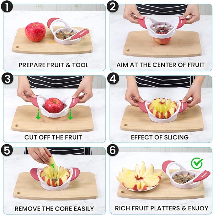 SCHVUBENR 12-Blade Apple Slicer and Corer - 4.72 Inch Sharp Stainless Steel Apple Cutter - Professional Apple Divider Tool for Quick Slices - Easy to Use & Clean - Slice Fruits with Ease - Pink