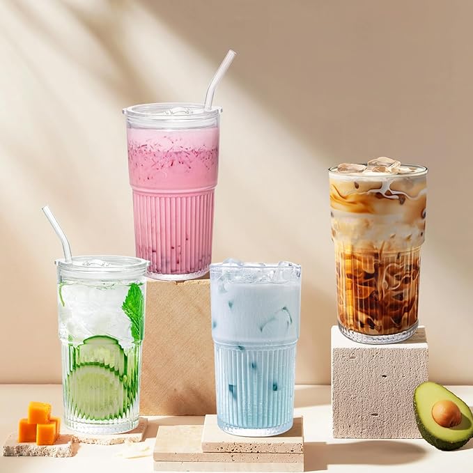 Luiaiog 18.5oz Glass Cups with Lids and Straws - Set of 4 Reusable Tumblers, Thickened Shatter-Resistant Glass, Ideal for Iced Coffee, Smoothies, Cocktails, Juices - Elegant & Durable Drinkware