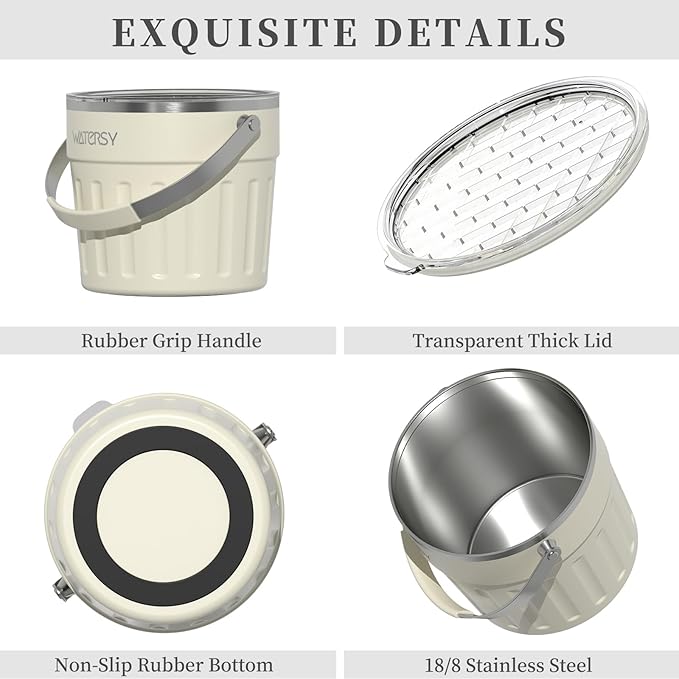 WATERSY Insulated Ice Bucket（8 Quart / 7.6 L） with Lid, Scoop, Ice Tong，Wall Vacuum Stainless Steel, Beige