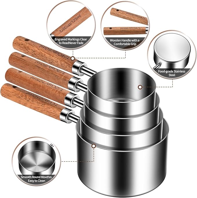 Stainless Steel Measuring Cups and Spoons Set of 8, Stackable Wooden Handle Metal Measuring Cup & Spoon Set with Metric & US Measurements, Rustic Farmhouse Kitchen Gadgets for Dry & Liquid Ingredients