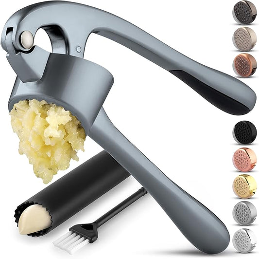 Zulay Kitchen Premium Garlic Press Set - Rust Proof Professional Garlic Mincer Tool - Easy-Squeeze, Easy-Clean with Soft, Ergonomic Handle - Silicone Garlic Peeler & Brush (Slate)
