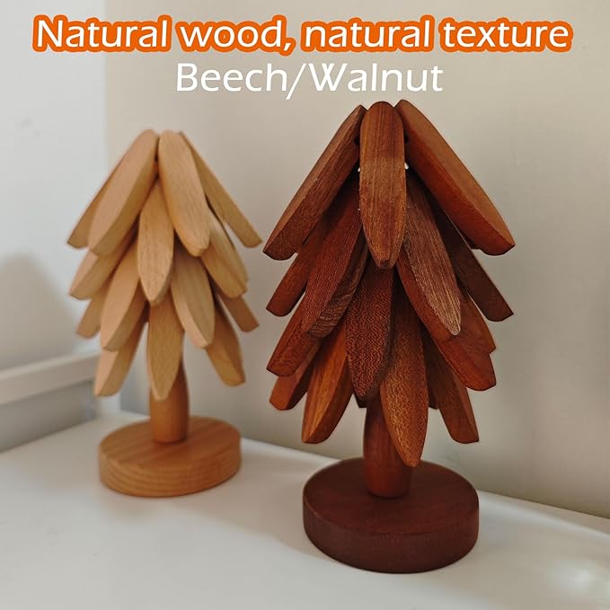 Wooden Tree Trivets for Hot Dishes - Set of 4 with Stand, Natural Foldable Kitchen Trivets for Pots, Pans, Bowls & Teapots - Walnut