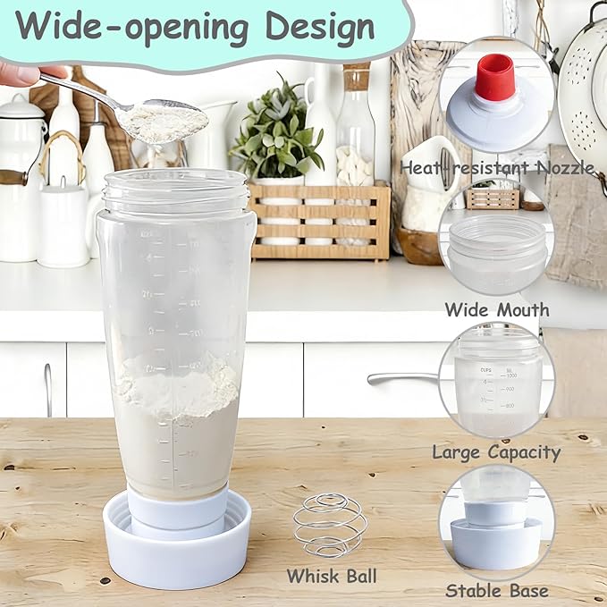 Pancake Batter Dispenser with Wire Whisk, BlenderBall, Silicone Spatula and Brush, Cleaning Brush, 1000 ML Large Capacity Leak-Proof Design for Pancakes Waffles Muffins and Crepes(White)