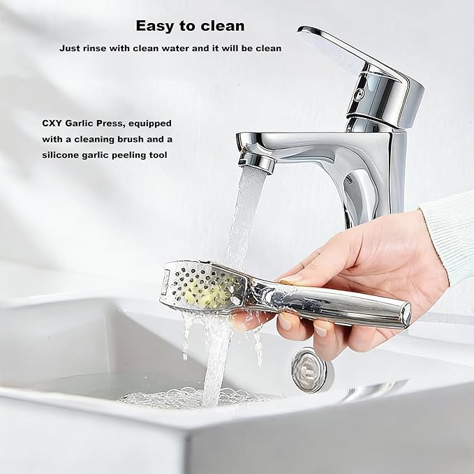 Garlic Press, Stainless Steel Garlic Crusher with Soft Ergonomic Handle, Rust-Proof Garlic Mincer Tool, Dishwasher Safe, Includes Silicone Garlic Peeler & Cleaning Brush