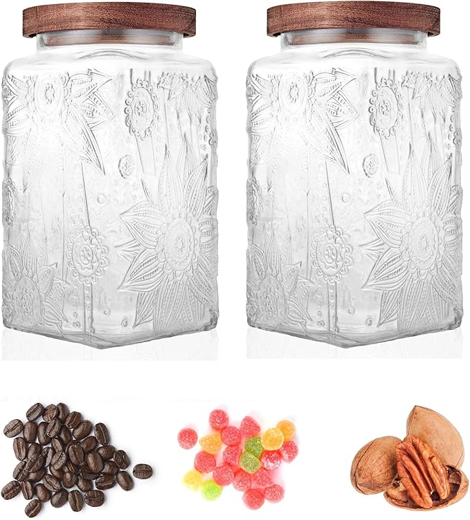 Custde Glass Storage Jars With Airtight Lid, 35oz Container For Kitchen Counter with Wood Lid, brown sugar, candy, coffee, cookie, salt, tea, cute Jar (Large Square Sunflower)