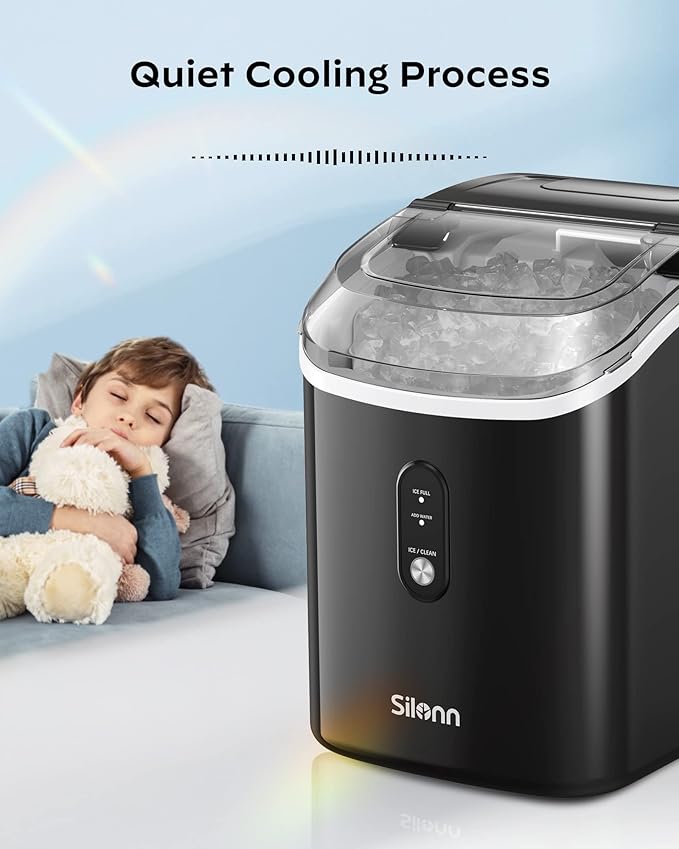 Nugget Ice Maker Countertop, Silonn Chewable Pellet Ice Machine with Self Cleaning Function, Pebble Portable Ice Maker with Ice Scoop for Home Kitchen Office, Black
