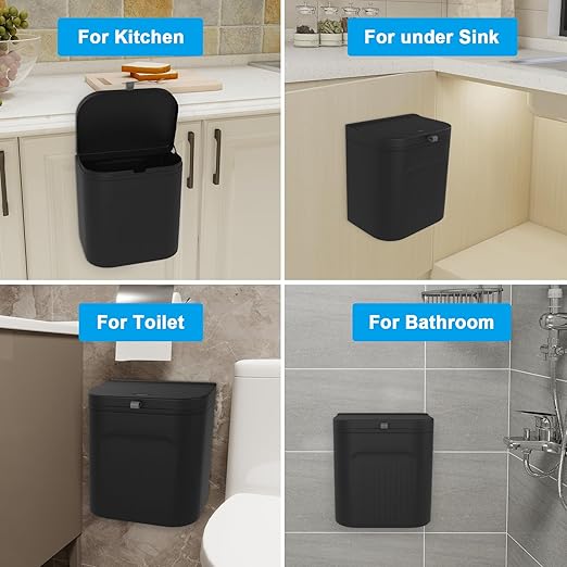 Naisu 3 Pack 1.12 Gallon Kitchen Garbage Bin for Counter Top or Under Sink, Stick on the Wall，Hanging Small Trash Can with lid for Cupboard/Bathroom/Bedroom/Office(Black)
