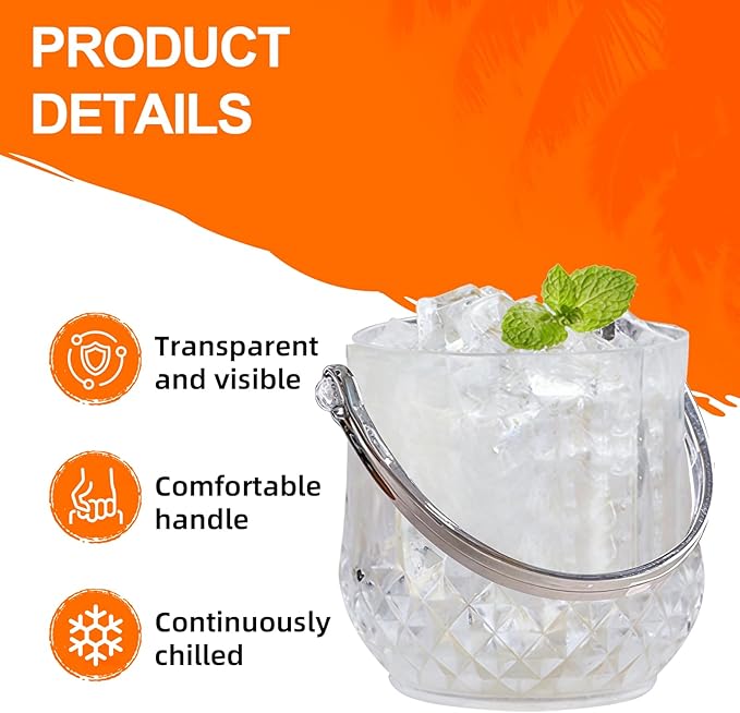 Crystal Ice Bucket with Handle & Tongs-1.1 L Plastic Clear Champagne Ice Buckets for Parties, Beer, Wine, Drinks, Cocktails,-Soda, Mimosa Bar Supplies (Style-B, 37 oz (1.1 L))