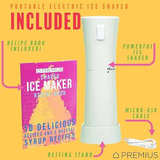 Cordless Shaved Ice Maker By PREMIUS – Lightweight, Rechargeable, Bonus Recipe Book, Resting Stand – Caribbean Shaved Ice! USB Cord Included – Up to 40 Snow Cones Per Charge! No Molds Needed! (Mint)