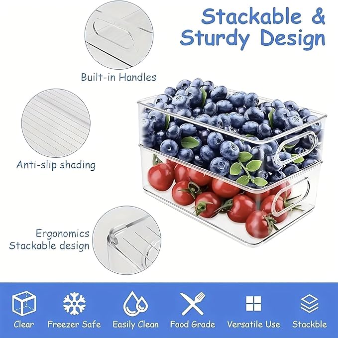3 Pack Refrigerator Organizer Bins, 3 Sizes Stackable Clear Pantry Storage with Handles for Fridge, Freezer, Shelves, Drawer, Snack Organizer for Home & Kitchen