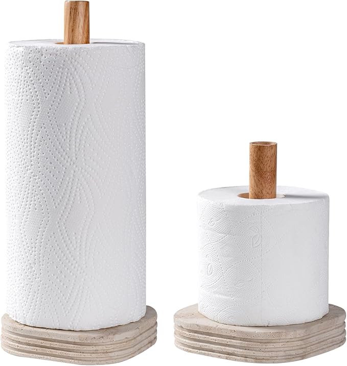 Natural Travertine Textures Standing Paper Towel Holder for Kitchen Countertop, Bathroom Toliet Paper Roll Holder with Weighted Base and Sturdy Wood Stand,for Standard or Plus Rolls, Height-Adjustable