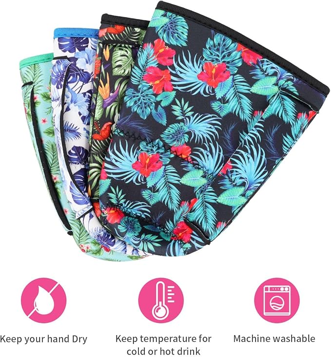 4Pack Reusable Iced Coffee Sleeve Insulator Sleeves for Cold Drinks Beverages, Neoprene Cup Holder for Most Coffee, Fits 30-32oz Large Cups (Tropical Flower)
