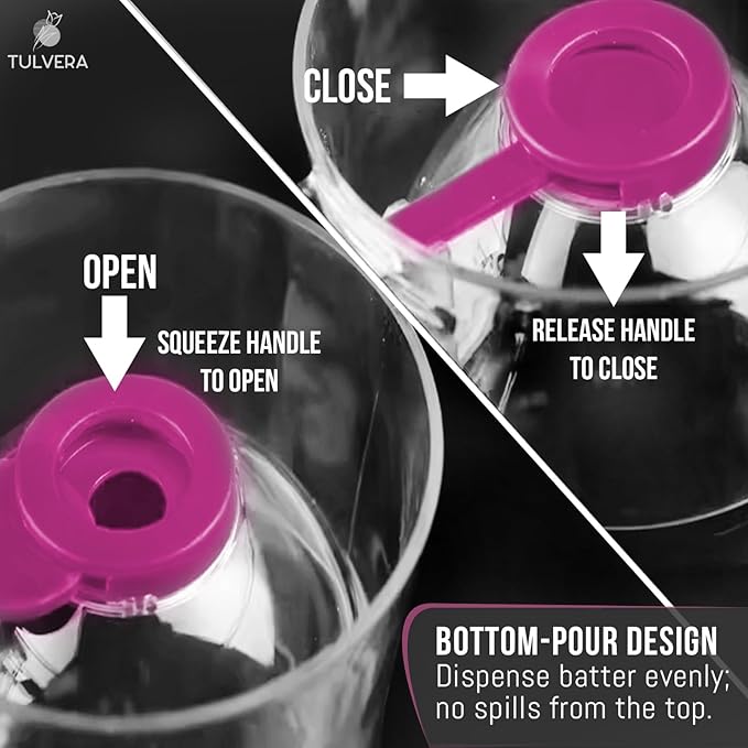 Pancake Batter Dispenser | 5-Cup Mix Pourer for Pancakes, Waffles, Crepes, Muffins, Cupcakes | Squeeze Handle, Portion Control Pitcher, Durable Drip-Free Design | Baking Accessories (Raspberry Purple)