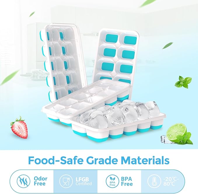 DOQAUS Ice Cube Tray with Lids - 4 Pack Stackable Silicone Ice Trays for Freezer, BPA & LFGB Safe, Easy Release for Kitchen, RV, Cocktail, Coffee, Soup & Food