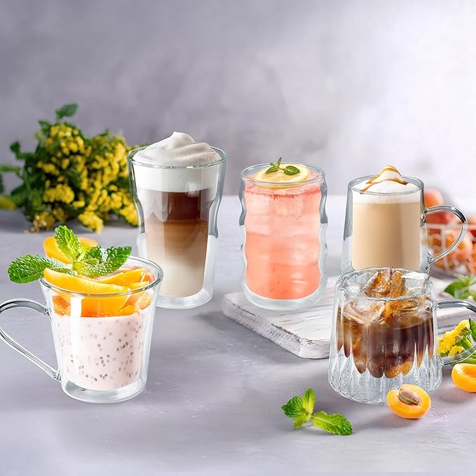 Joeyan Double Wall Glass Tumbler, 16.9oz Lager Insulated Dinking Highball Glasses, Clear Borosilicate Tall Glass Coffee Cups for Iced Coffee, Latte, Cocktails, Tea, Smoothie, Mixed Drinks, Set of 2