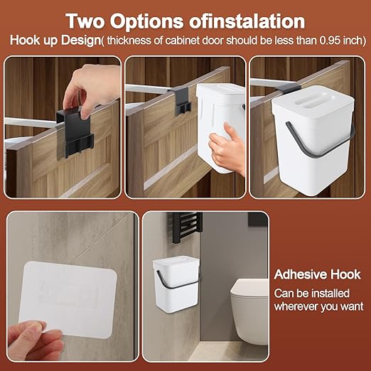 0.8 Gallon/3L Kitchen Compost Bin, Suitable for Countertops or Under Sink, Hanging Hook Trash Can with Lid, Ideal for Cabinets/Bathrooms/Bedrooms/Offices/Camping (White)