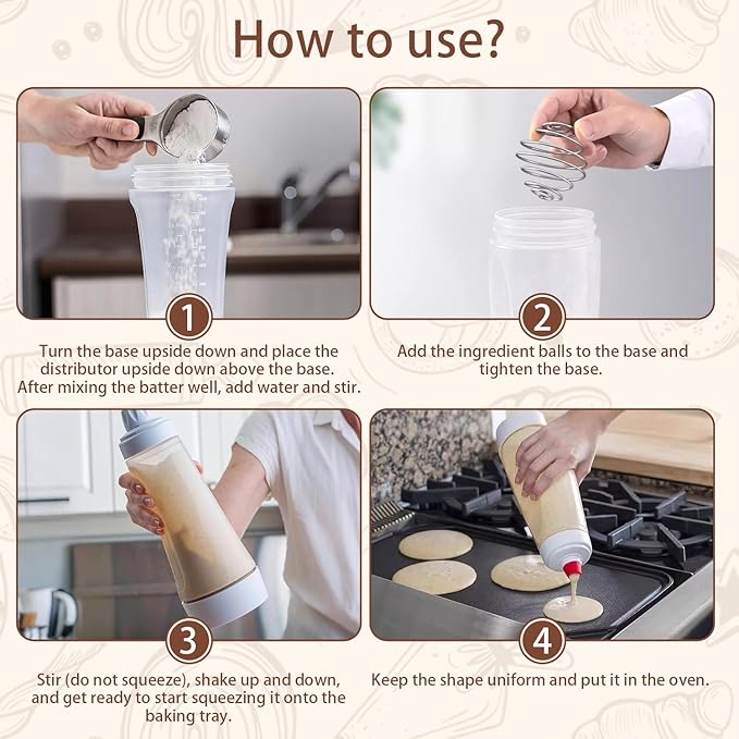 2 Packs of Pancake Batter Dispenser,1000ml Squeeze Pancake Dispenser Mixer Bottle with Stainless Steel wire whisk Ball,Suitable for Pancakes Crepes Waffle Muffins Qatayef Cupcak