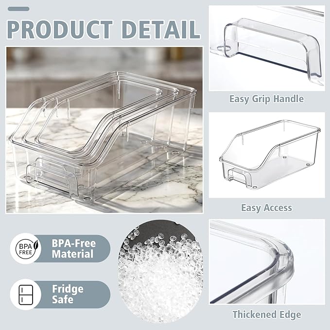 LemonRoad 3 Packs Clear Freezer Organizer Bins with Handle Pantry Vegetable Organizers and Storage Stackable Open Front Fridge Storage Egg Salad Containers for Kitchen Refrigerator Cabinet Closet